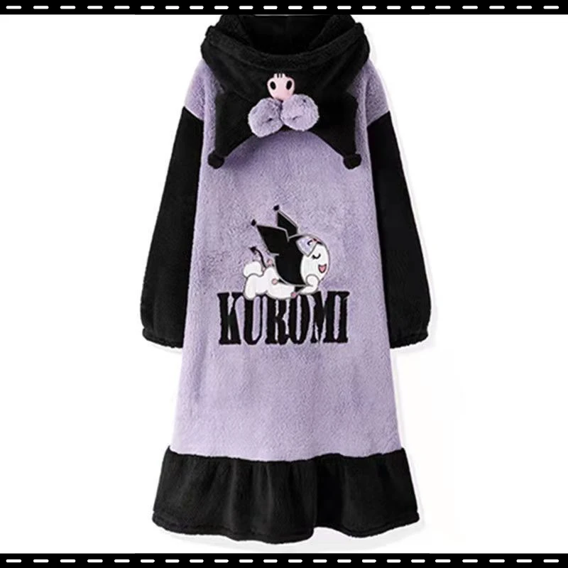 

Anime Accessories Kuromi Sanrio Long Plush Nightgown Women's Autumn and Winter Coral Fleece Loungewear Suit Pajamas Ladies Gift