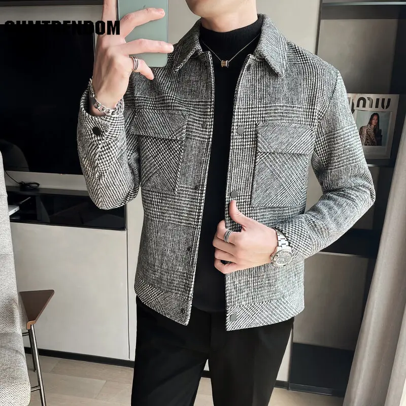 

2023 Autumn Plaid Woolen Jacket Men Fashion Retro Pocket Casual Jacket Men Streetwear Slim Fit Lapel Coat Mens Outerwear S-4XL