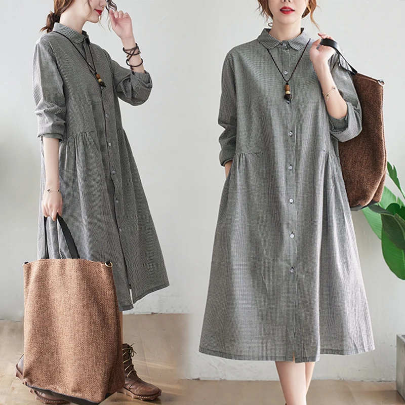 

Plaid Dress Women's 2022 Spring Dress New Korean Loose Medium Length Fashion Cotton Linen Long Sleeved Dress