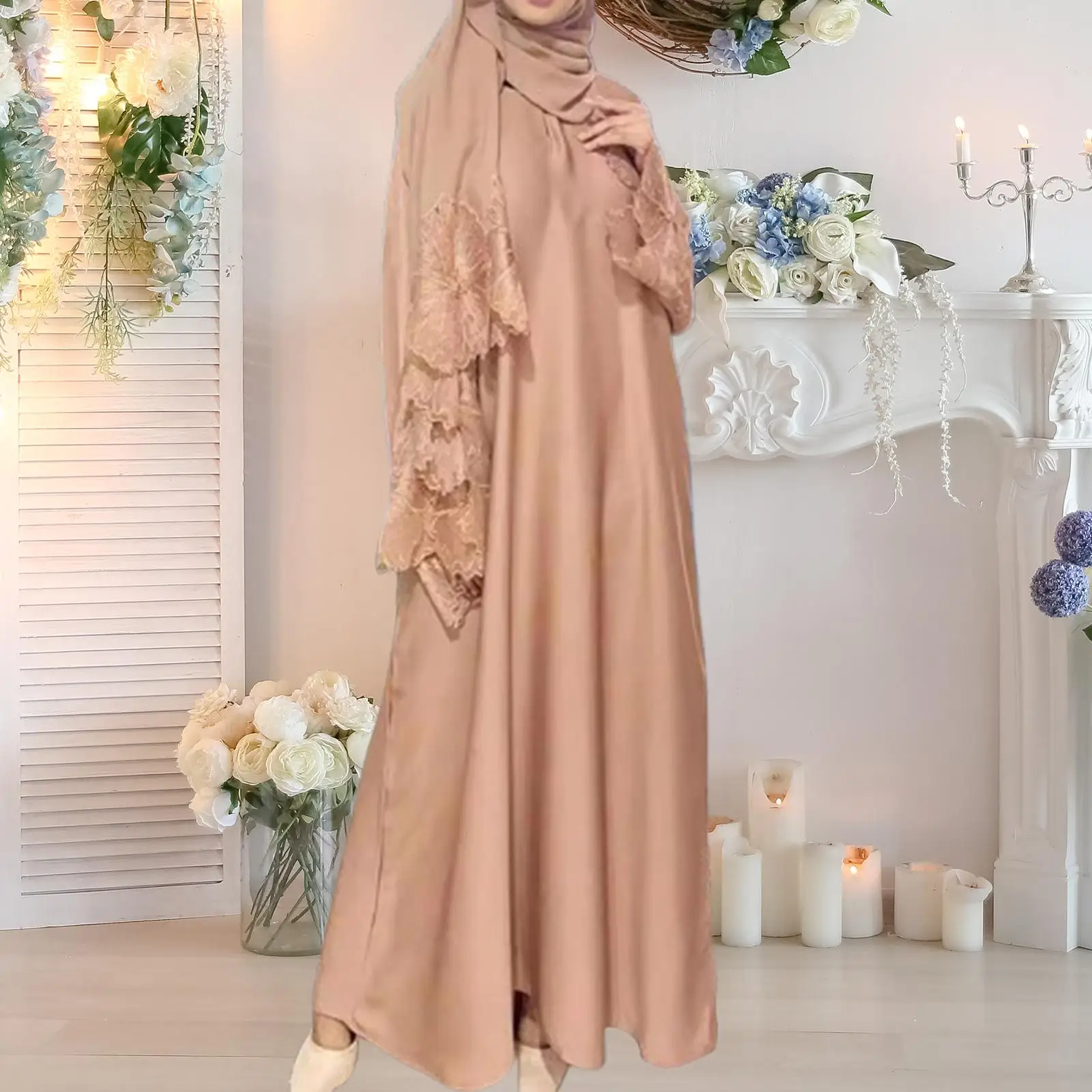 Мусульманский халат для женщин средней длины флисовый с длинными рукавами