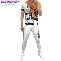 men set summer new style korean hot diamond printing short sleeved t shirt trousers sports and leisure two piece suitoutfit