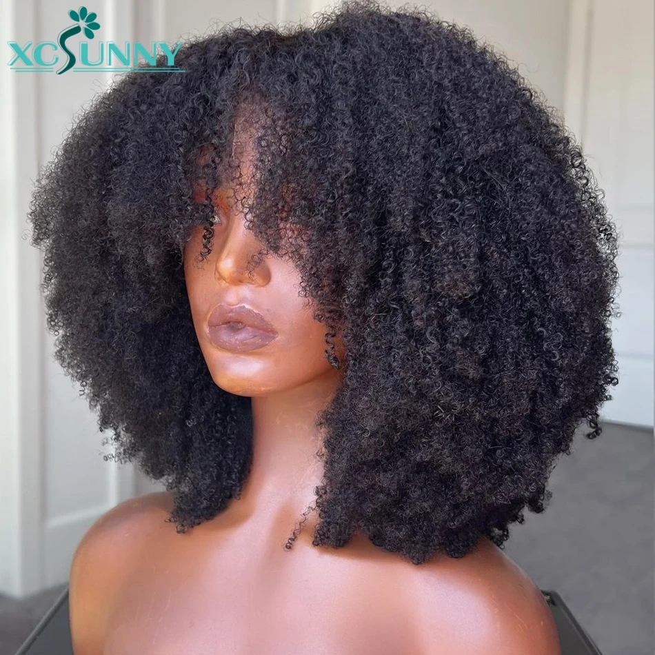 Afro Kinky Curly Wig Human Hair Wigs With Bangs Machine Made Scalp Top Wig For Women 200 Density Brazilian Bang Wig Xcsunny