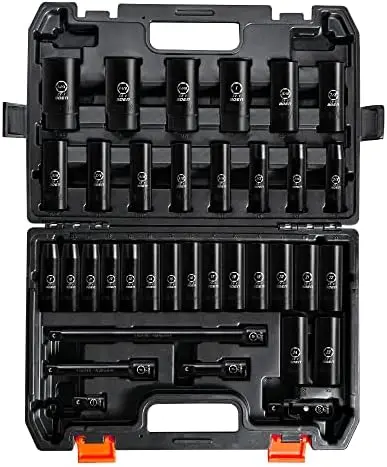 

1/2" Drive Deep Socket Set, 35 Piece Socket Set SAE 3/8" to 1-1/4" | Metric 8 to 24mm, Includes Extension Bars, Jo