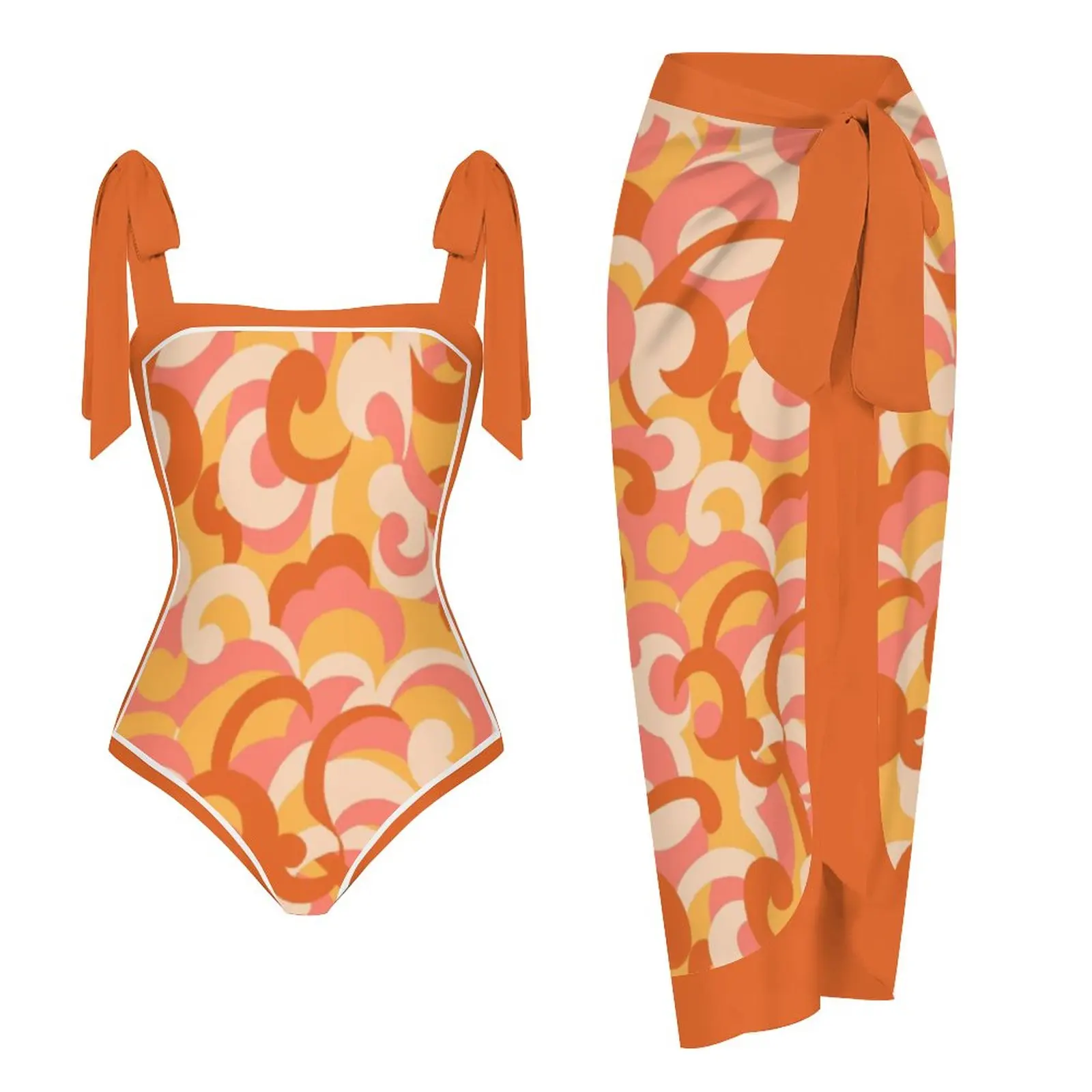 

2023 New Swimsuit One Piece Orange Square Neck Lace Up Swimwear Summer Outfits for Women Summer Beach