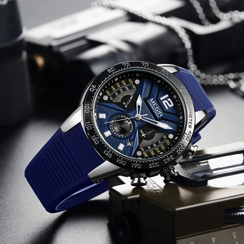 MEGIR Blau Herren Uhren Top Brand Luxus Männlich Silikon Band Wasserdicht Sport Quarz Chronograph Militär Uhr Männer Uhr 2106G