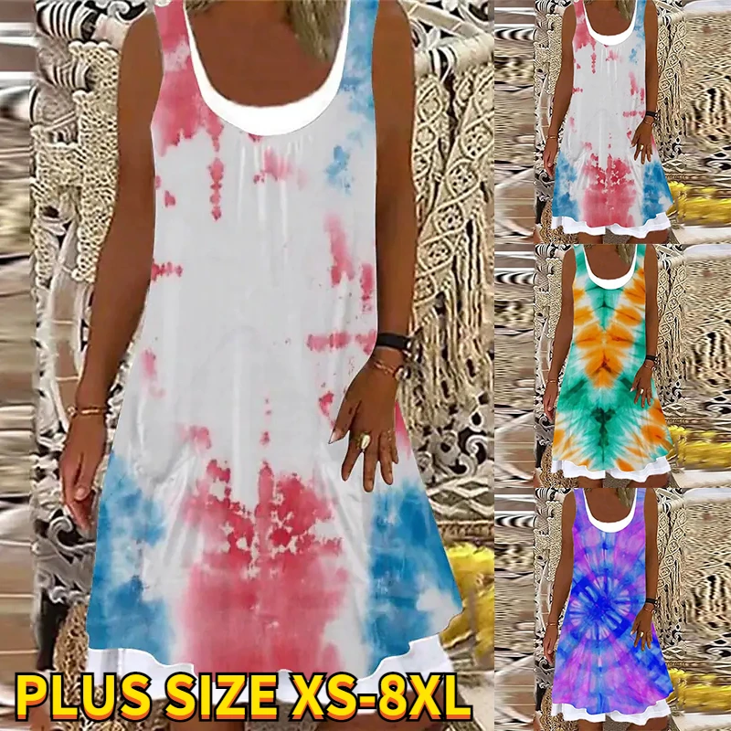

2022 Summer Women's Abstract Printed Dress Round Neck Female Sleeveless Dress 3D Painted Casual Dress Plus Size New Design Dress