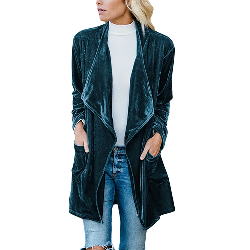 

Long Sleeve Retro Velvet Blazer Trench Jacket Woman Draped Open Front Ladies Elegant Long Style Blazers New Spring Autumn 2023