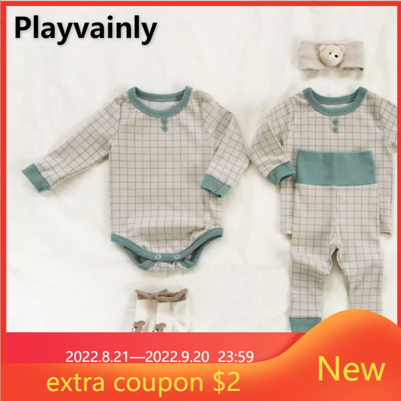 Autumn Family Matching Clothes Boy Girl Plaid Print Long Sleeve Jumpsuit+Hairband Suit Clothes Child Clothing E3454