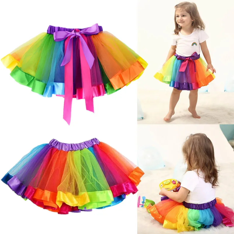 

Rainbow 2-8 Years Old Colorful Kids Girl Party Bowknot Tulle Fluffy Princess Tutu Skirt Children's Skirt