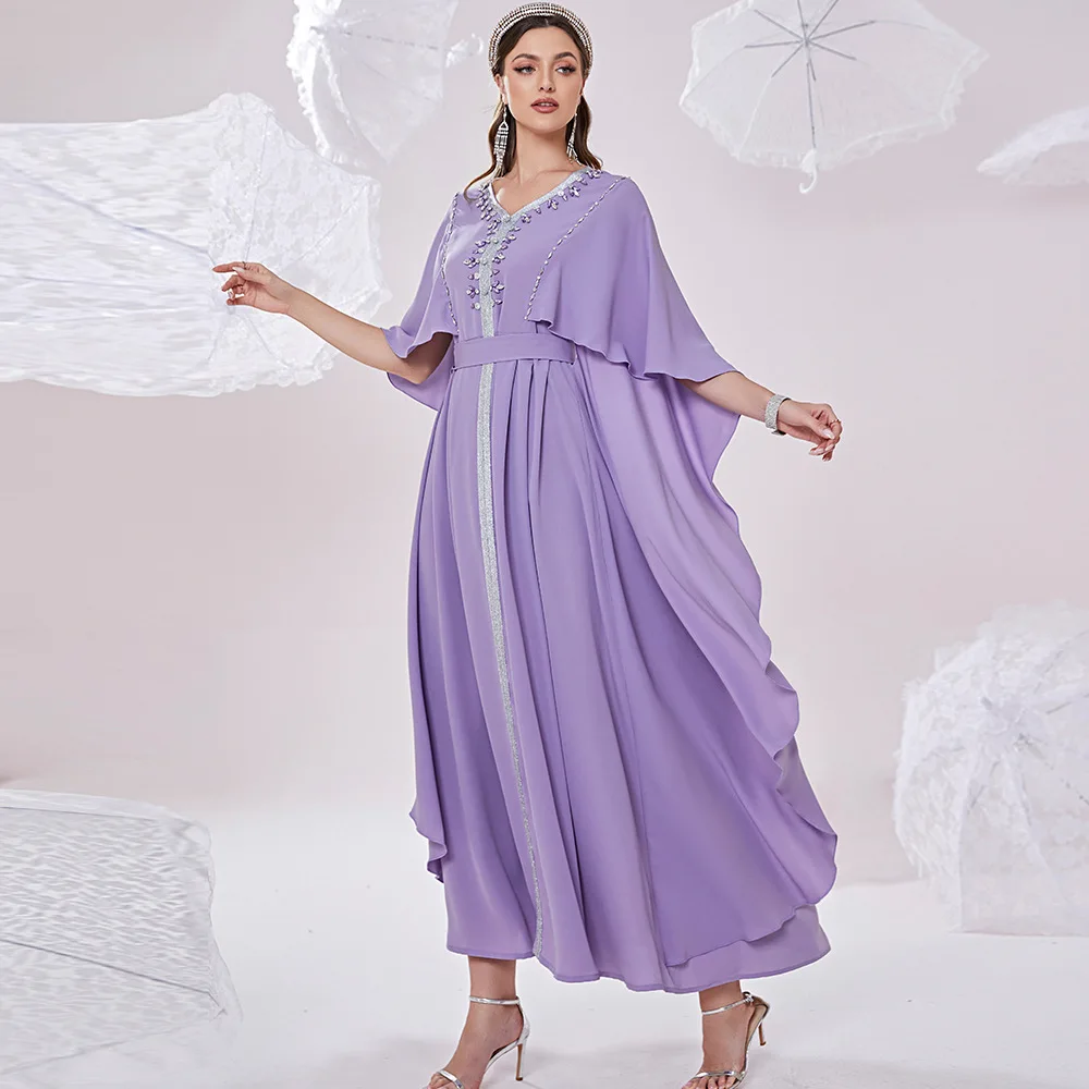 Hijab Diamond Muslim With Belt Middle Eastern Dresses For Woman 2022 V Neck Luxury Moroccan Caftan Dubai Oriental Islamic Dress