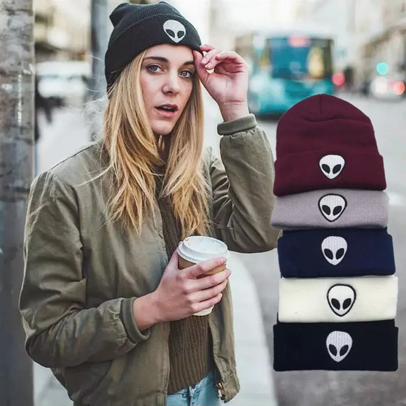 

Autumn Winter Hat Knitted Hat Wool Women Solid Color Alien Pattern Beanies Soft Cap Men Women Hats