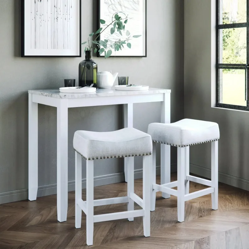 

Nathan James Viktor Three - Piece Dining Set Kitchen Pub Table Marble Top White Wood Base Light Gray Fabric Seat