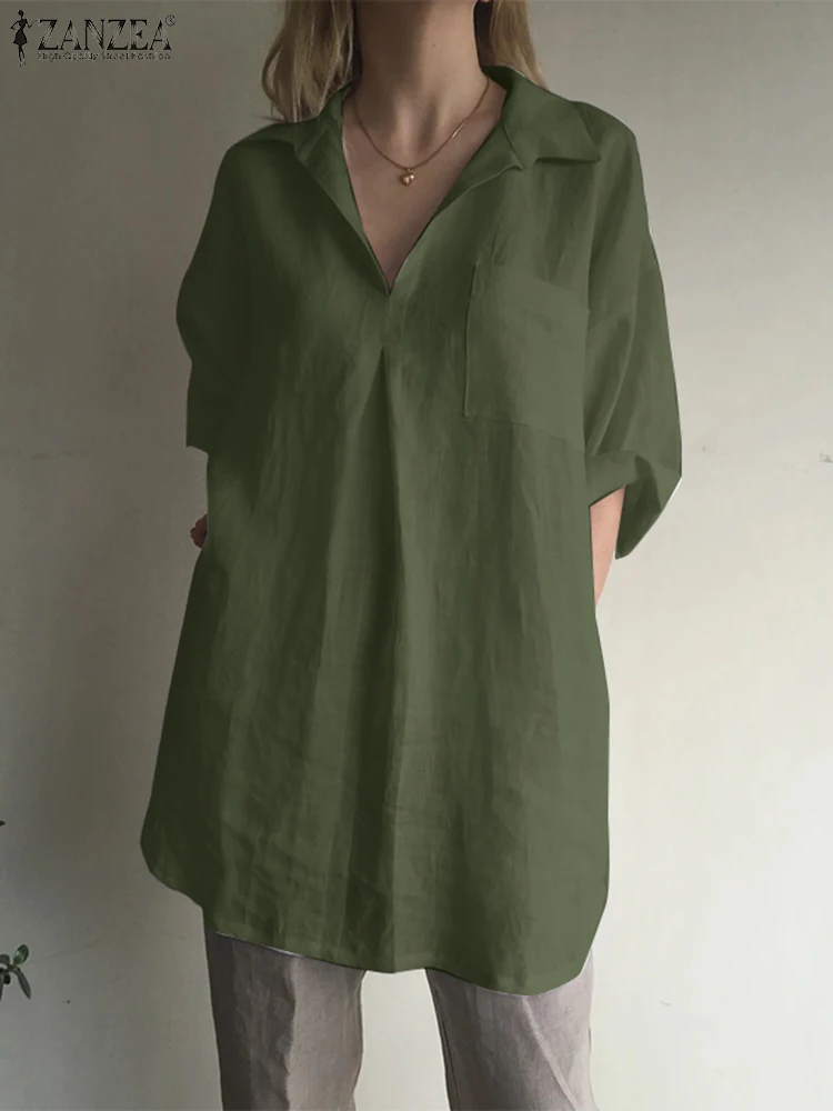 

ZANZEA Vintage Loose Shirts For Women Summer Solid Baggy Blouse Femme Work OL Blusas Fashion Lapel Shirt Causal 3/4 Sleeve Tops