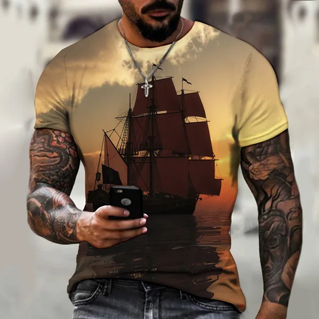 

Vintage Men Ship T-shirts 3D Printed Pirate Ship Crew Neck Short Sleeve T Shirt For Men Oversized Tops Tee Shirt Homme Camiseta