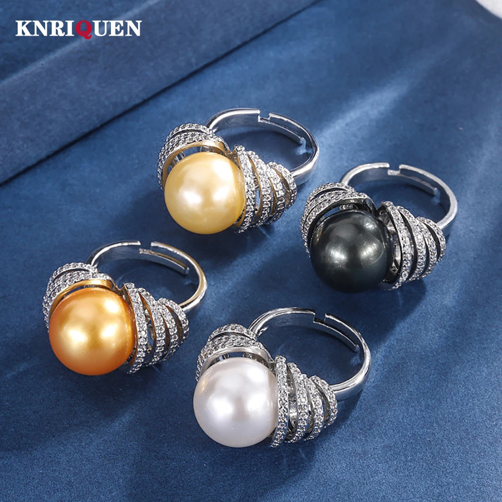 

Luxury 14MM Black White Big Pearl Adjustable Rings for Women Lab Diamond Cocktail Party Fine Jewelry Wedding Accessories Gifts