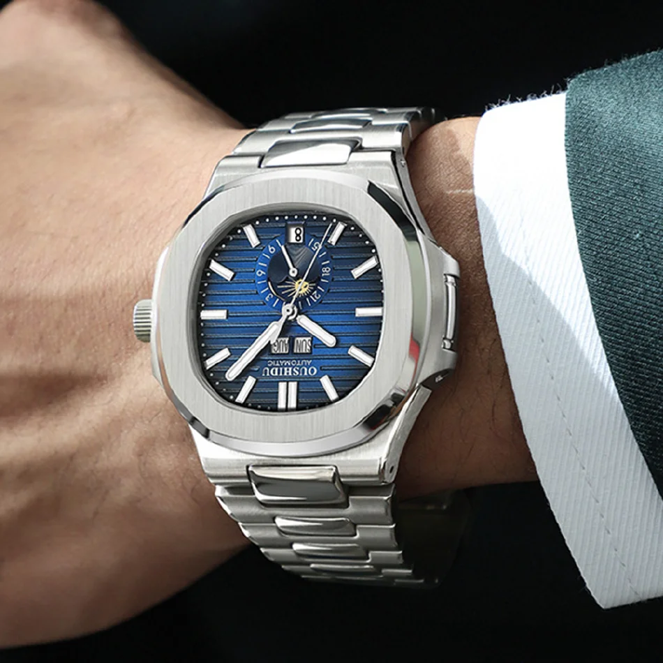 

Classic Moon Phase Fashion Mens Watches Automatic Mechanical Wristwatches Stainless Steel Date Nautilus Luminous PP Male Clock