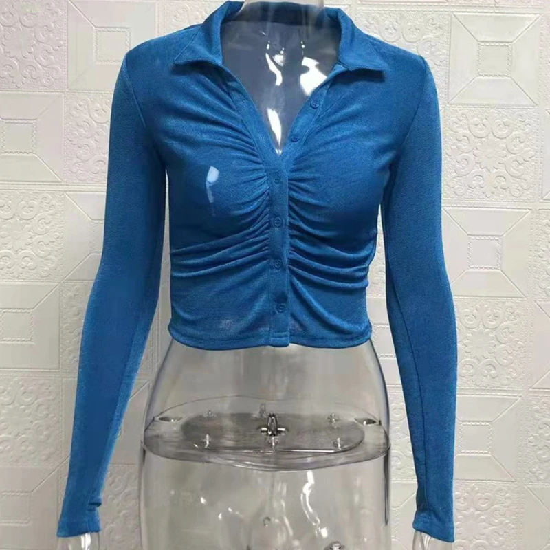 

2021 Blue Sexy Women Crop Top Y2k V Neck Casual Ruched Long Sleeve Summer Green T Shirt Fashion Female Tee Vintage