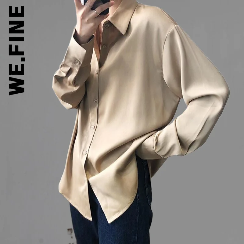 

We.Fine 2022 New Solid Turn Down Collar Elegant Office Ladies Workwear Chic Women Satin Shirts Long Sleeve Blouses Female