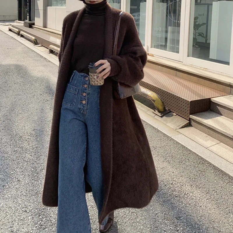 

Mink down knee length cardigan coat for women 2022 autumn winter gentle wind loose thickened knitted long coat for women