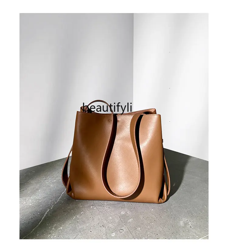 

yj Special-Interest Design Genuine Leather Bucket Bag New Commuter Shoulder Crossbody Cattle Leather Bag