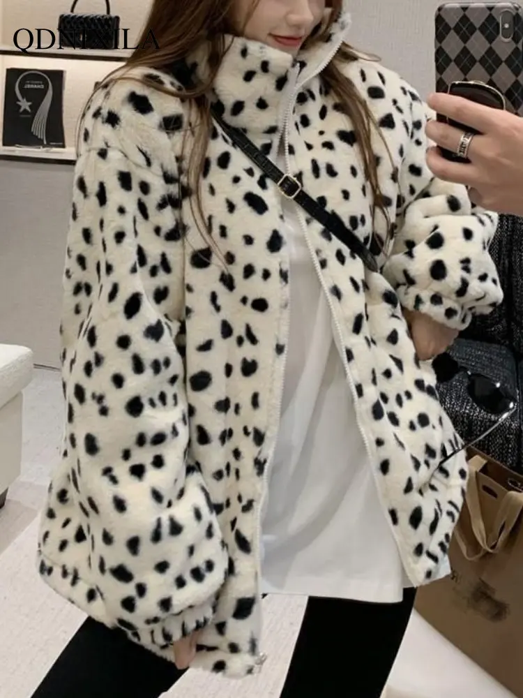 Winter Coat for Women Faux Fur Leopard Print Wool Coat Loose and Thickened Jacket Women Warm Keeping Coat Faux Fur Coat Women