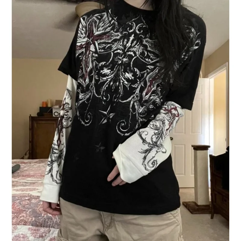 

2022 Gothic Tops Women T-shirts Vintage Graphic Print Patchwork Long Sleeve T Shirts y2k Dark Academia Aesthetic Streetwear