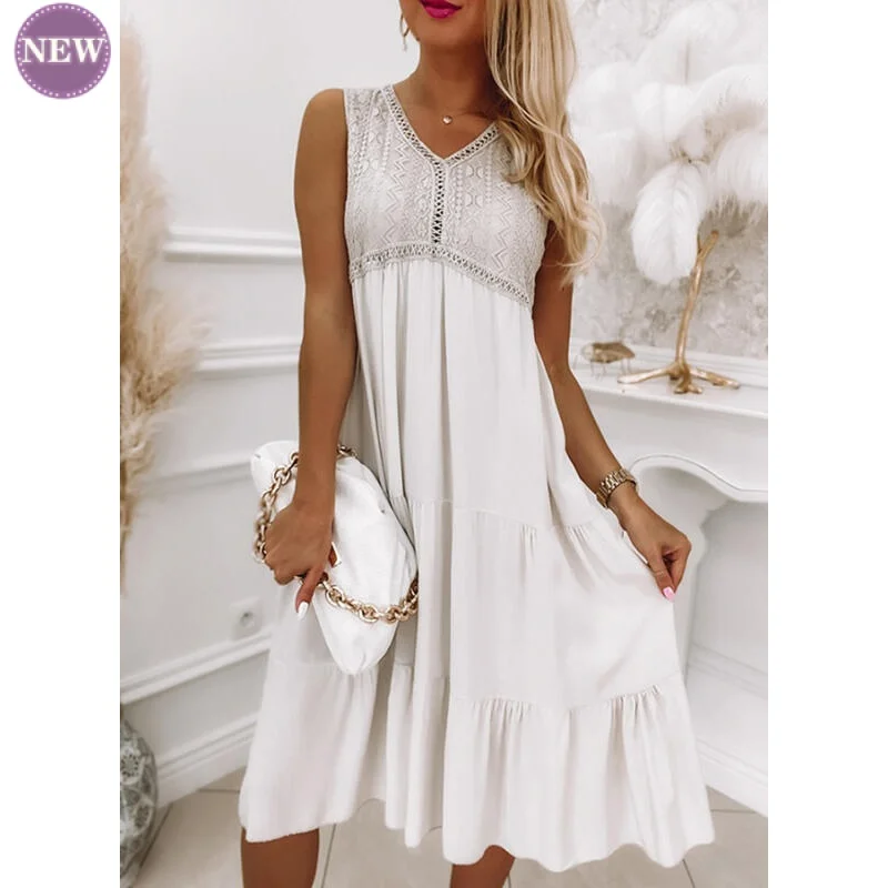 

New Dress Sexy 2023 Summer Sleeveless Lace Stitching Fresh Sweet and Loose Midi Dress