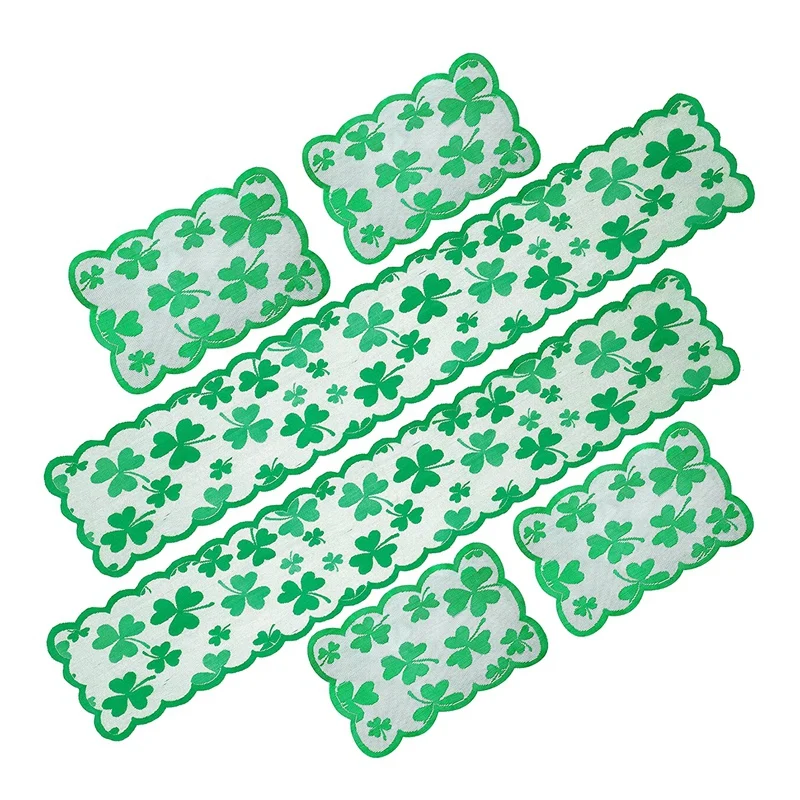 

6PCS St Patricks Day Decorations Table Runners Placemats Green Lace Embroidered Irish Clover Party Decor Supplies