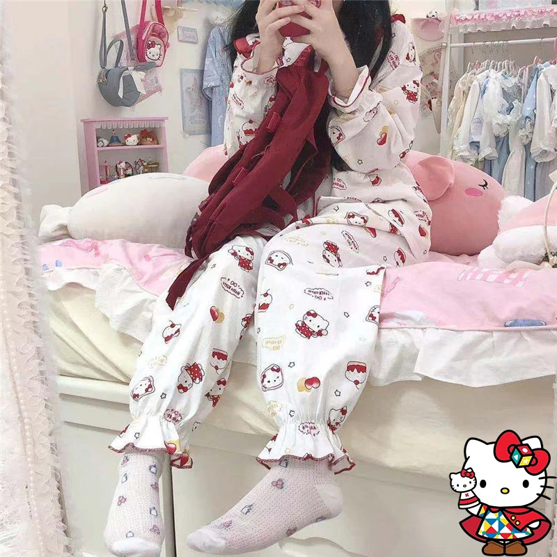 

Kawaii Sanrio Hello Kitty Kuromi My Melody Cinnamoroll Pajamas Cute Beauty Spring Autumn INS Cartoon Long-sleeved Pajamas Pants