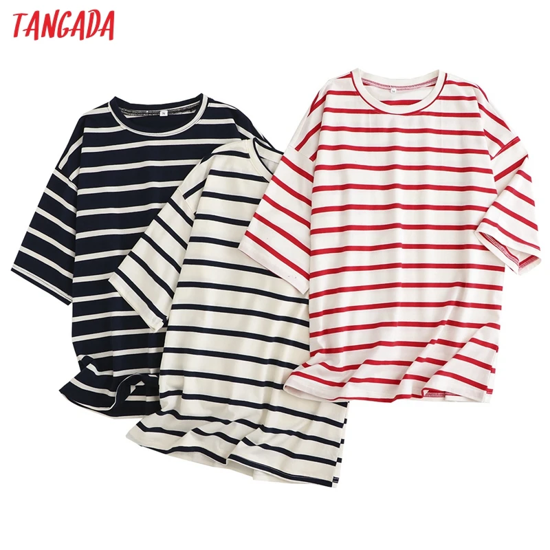 

Tangada 2022 Women Striped Cotton T Shirt Short Sleeve O Neck Tees Ladies Casual Tee Shirt Street Wear Top 6L42