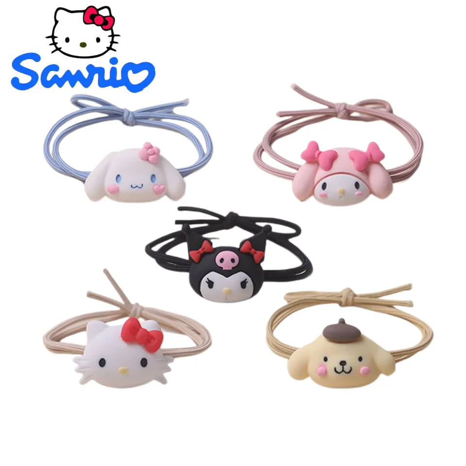 

5 Pieces Hello Kitty Kuromi My melody Cinnamoroll Pompom Purin Head Rope Bracelet Ins Style Cartoon Cute Girl Heart Rubber Band
