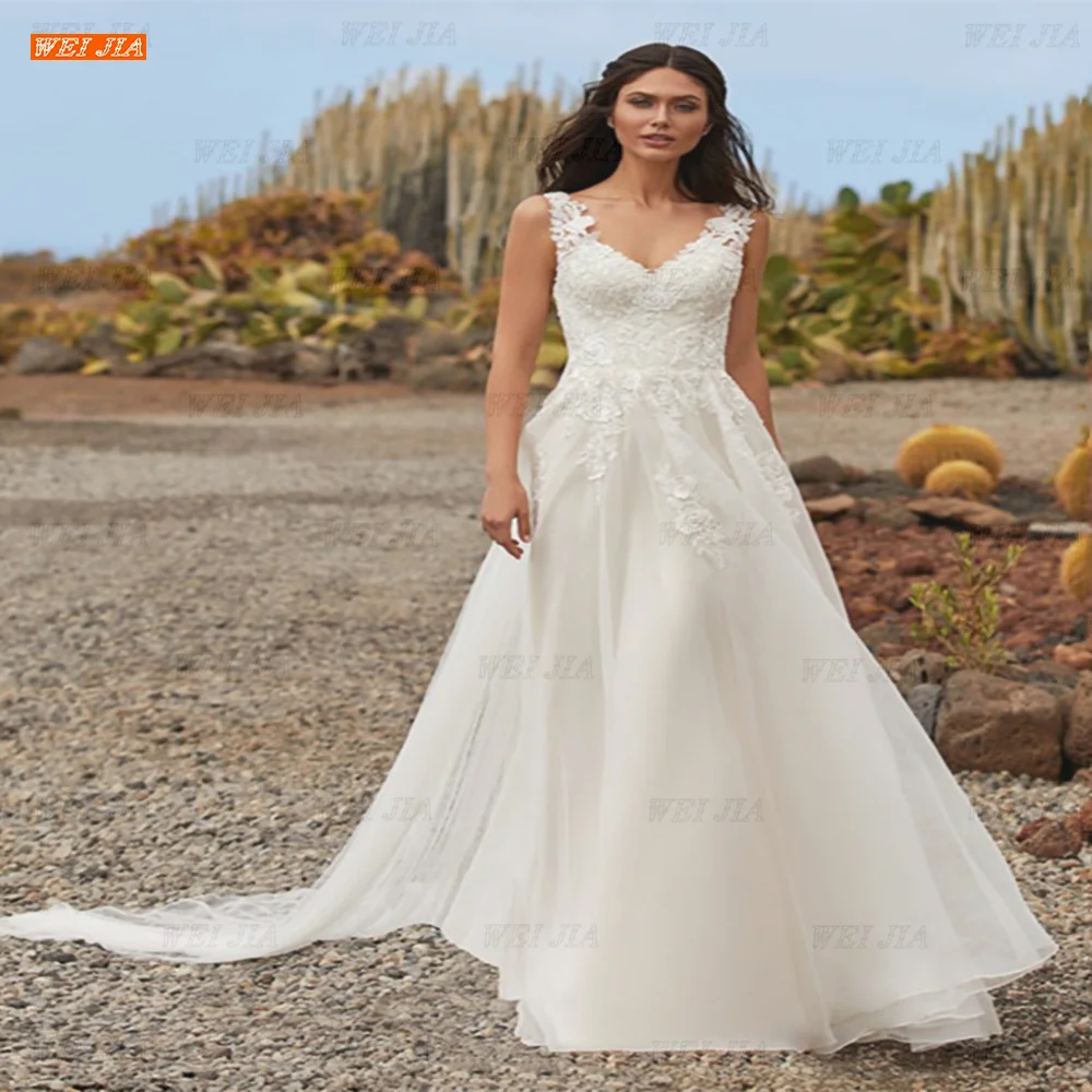 

Bohemian Simple A Line Wedding Dresses 2022 V Neck Sleeveless Lace Applique Sweep Train For Women Weeding Gowns Sashes Custom