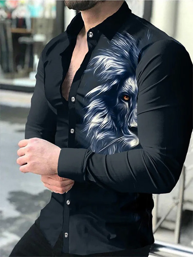 

Рубашка мужская с длинным рукавом, Повседневная блуза из полиэстера, с принтом, с отложным воротником, на пуговицах, одежда на осень