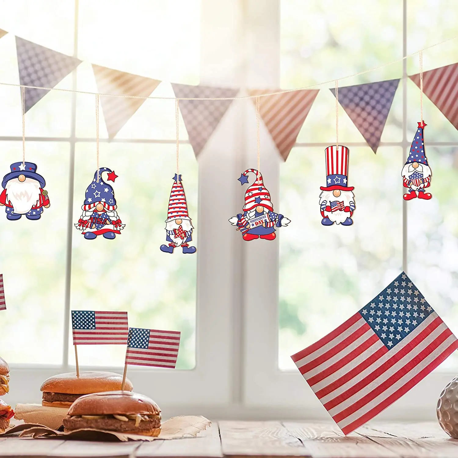 24Pcs Patriotic Gnome Wood Ornaments Independence Day Pendant Leprechaun for Home Decoration