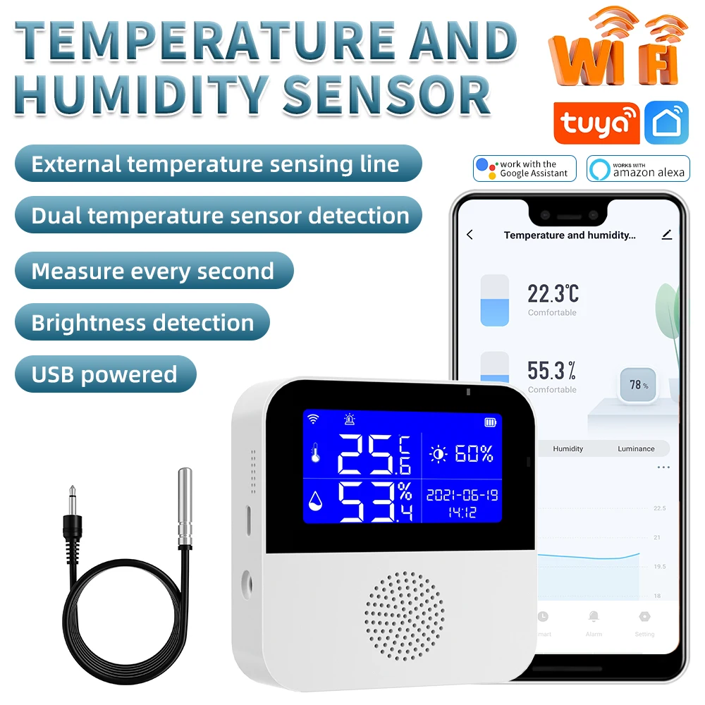 ANGUS Smart Home Wifi Temperature Humidity Sensor Home Assistant 2.9 inch LCD display support external temperature sensing line
