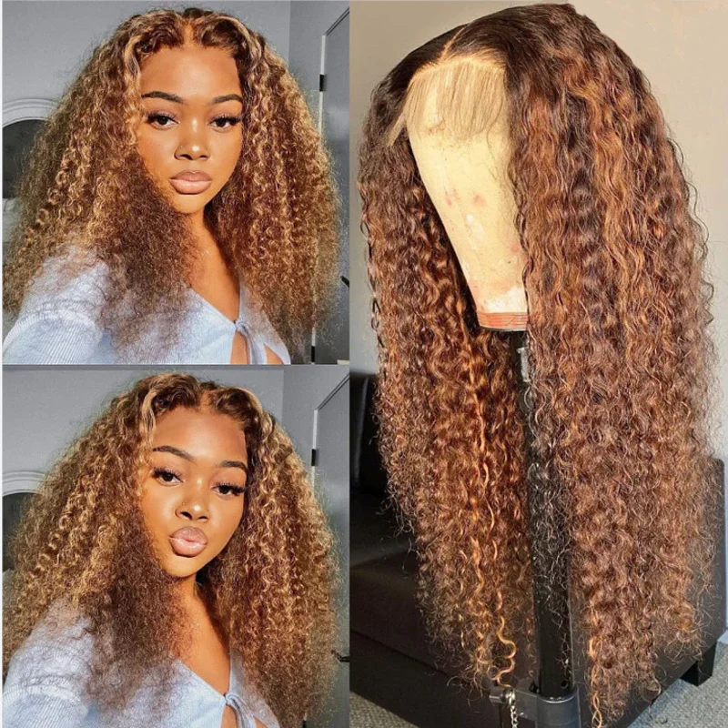 

Glueless Soft 26inch Ombre Blonde Kinky Curly Jewish Wig European Hair 13x6 Lace Front Wig Free Part Lace Wigs For Women