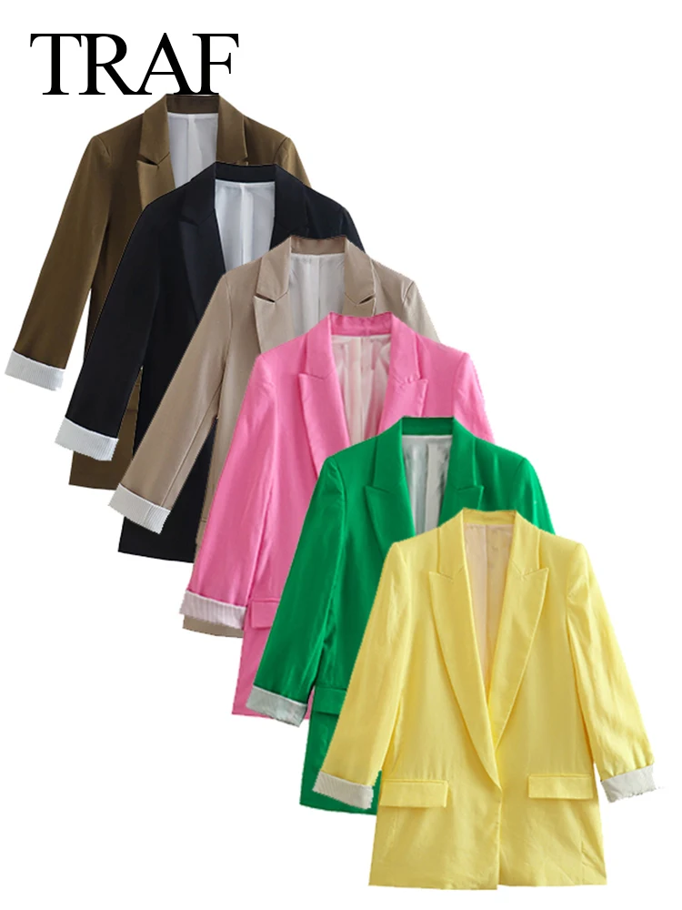 

TRAF Fashion Casual Women's Blazer Jacket Solid Color Yellow Green Rose Red Flanging Long-sleeved Commuter Temperament Clothes