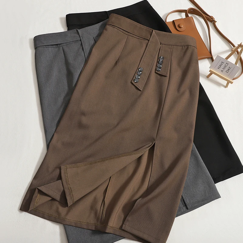 

Temperament Split Skirt Women's 2022 Summer New Fashion Breasted Straps High Waist Slim Bag Hip Skirt Mid-length A-line Skirt