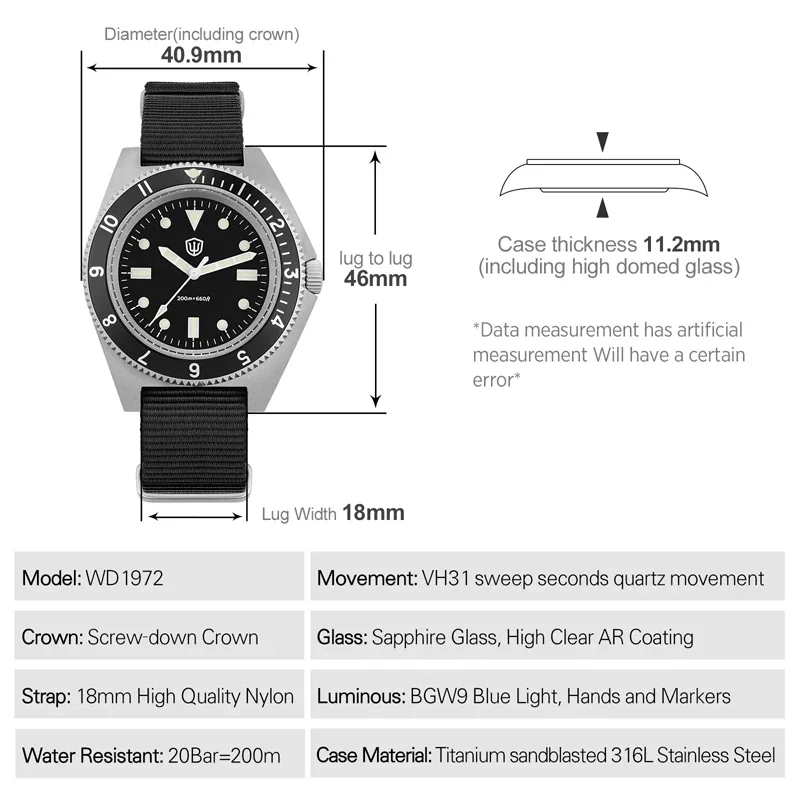 Watchdives WD1972 Мужские часы VH31 Sweep Seconds Кварцевый механизм Сапфировые часы из нержавеющей стали Водонепроницаемые светящиеся наручные часы (art.: 3920cc486e46f) - 3920cc486e46f