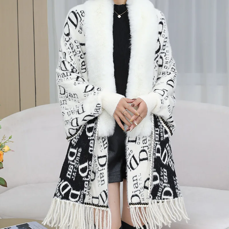 

Autumn Winter New Alphabetic pattern Imitation Wool Collar Knitted Shawl Women Tassels Poncho Lady Capes White Cloaks