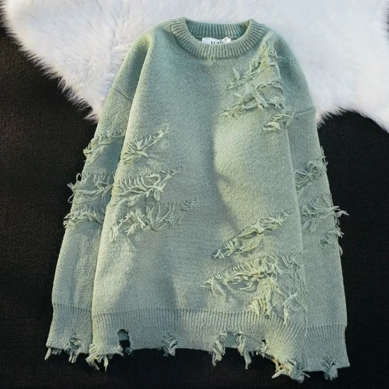 

2023 Autumn And Winter New American Hole Tassel Sweater Y2K High Street Retro Youth Loose Long Sleeve Sweater For Men And Women
