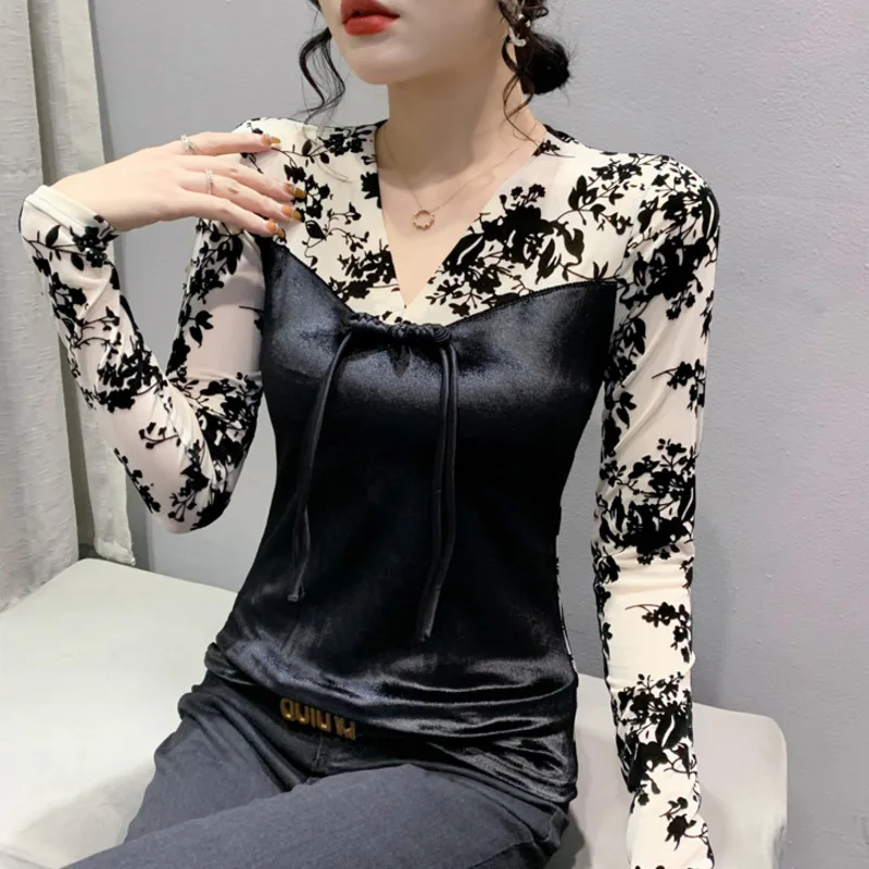 

#8258 Velour With Mesh Long Sleeve T Shirt Women V-neck Sexy Vintage Print Short T-shirt Female Thin Perspective Tshirt Femme