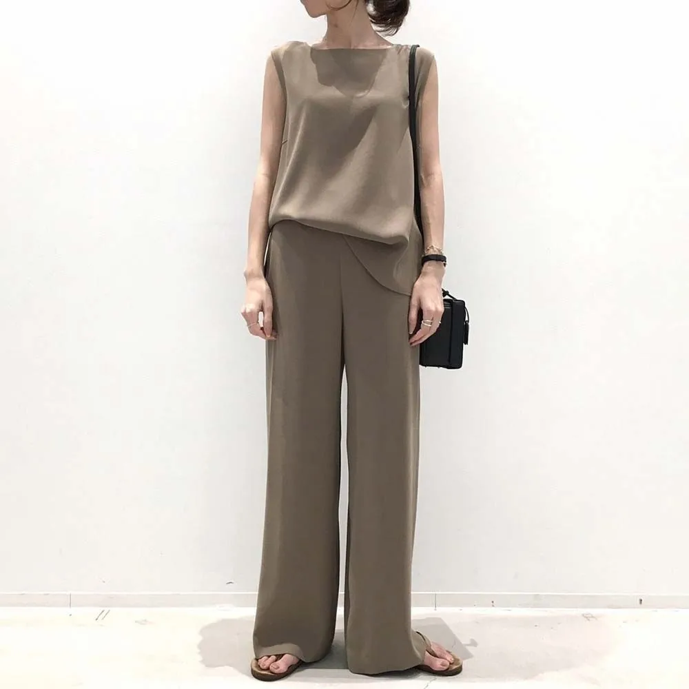 

Two Piece Sets Solid Color Temperament Drape Vest Wide Leg Pants Slim Suit Korea Japan Elegant Chic 2022 Summer New
