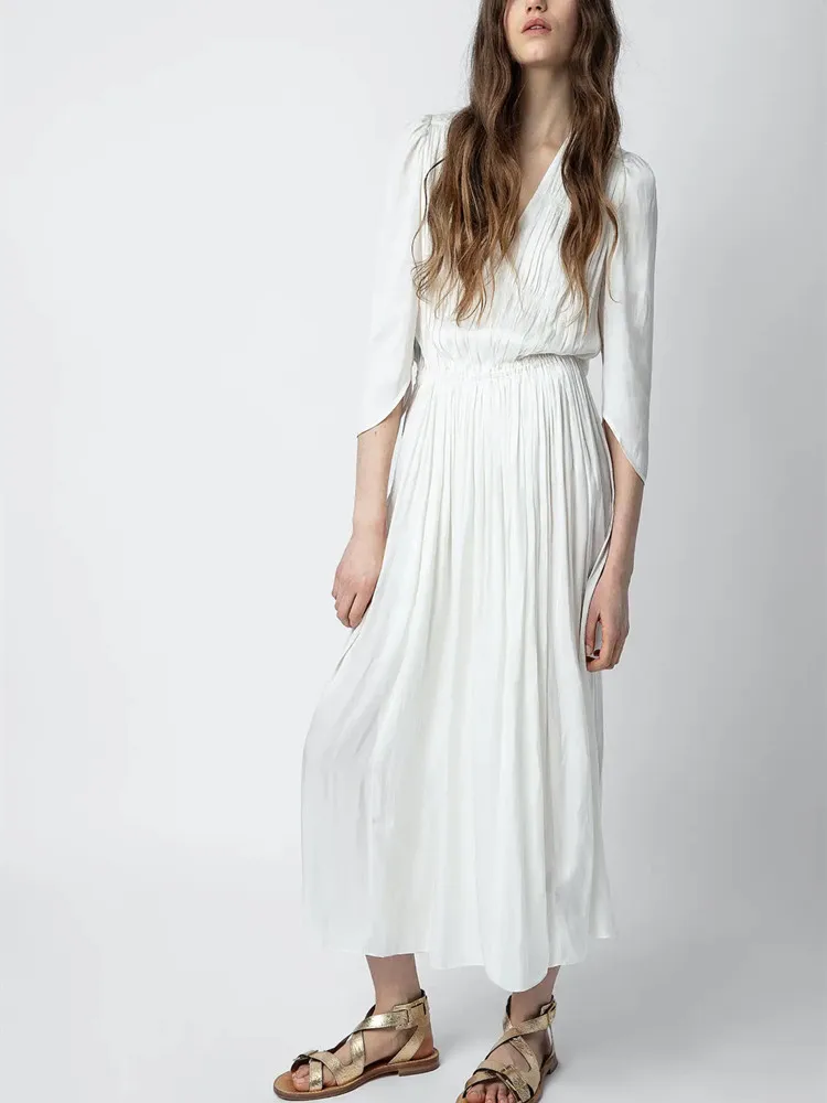 

Women Midi Dress Elastic Waist Solid Color V-neck Temperament Robes 100% Viscose Vintage