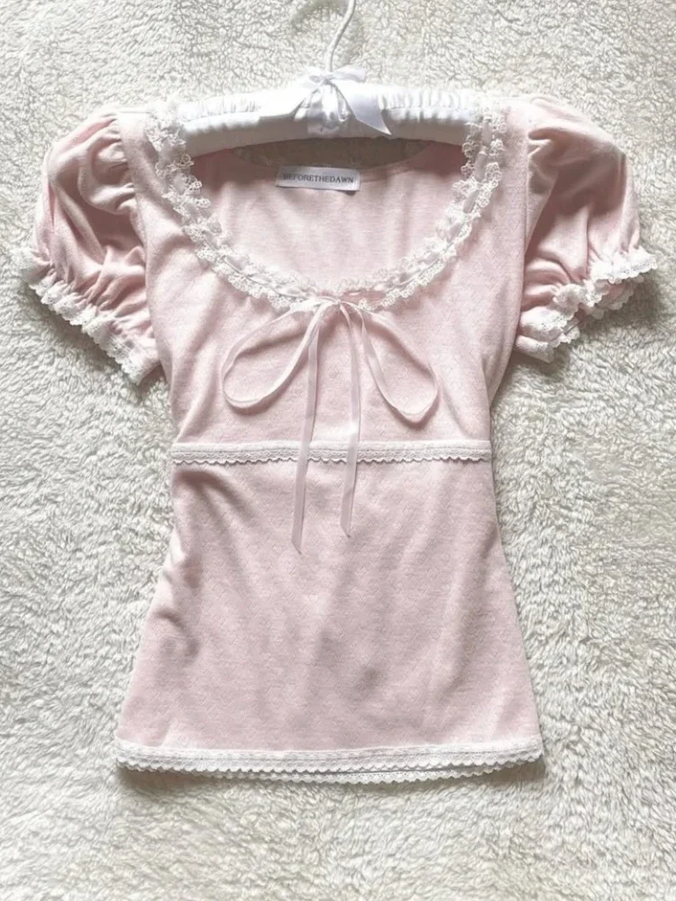Фото Футболки Ropa Mujer, женская одежда, кружевные футболки с короткими рукавами и круглым вырезом, модная повседневная летняя футболка в Корейском стиле, каваи №3