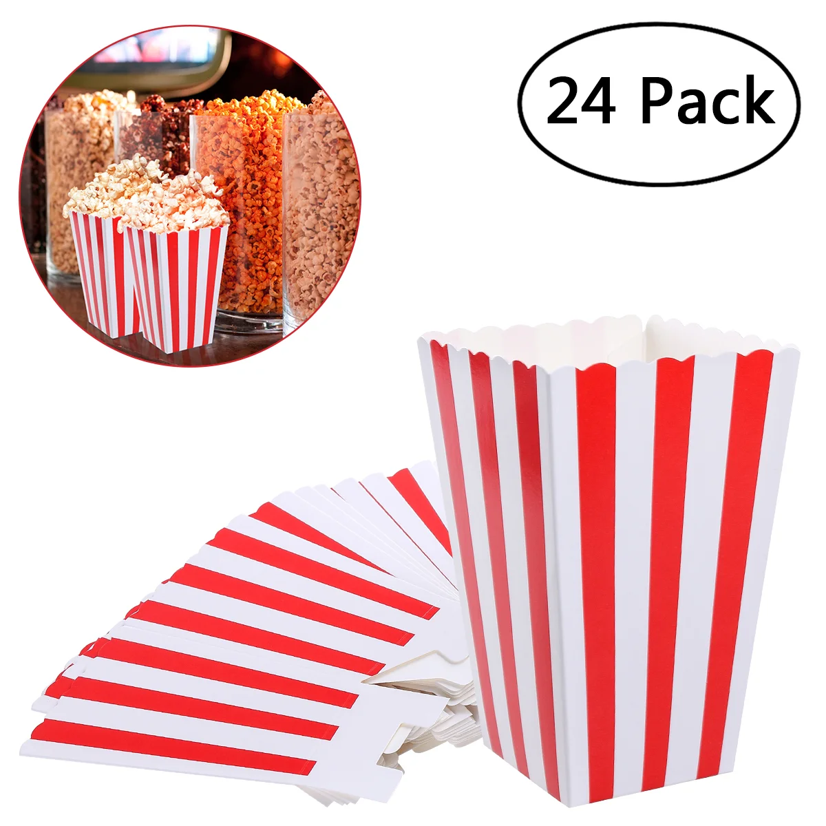 

Popcorn Boxes Holder Paper Box Striped White and Red Paper Boxes For Movie Theater Popcorn Containers 24pcs