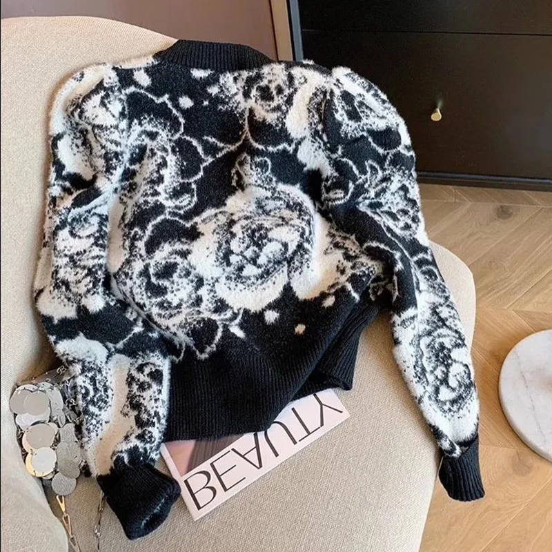 Винтажный женский свитер с цветочным принтом пуловеры свободный трикотажный