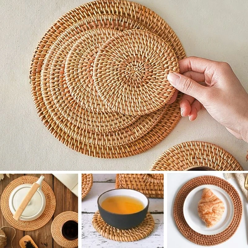 

Cup Mat Round Natural Rattan Hot Pad ,Hand Woven Hot Insulation Placemats Table Padding Kitchen Decoration Accessories