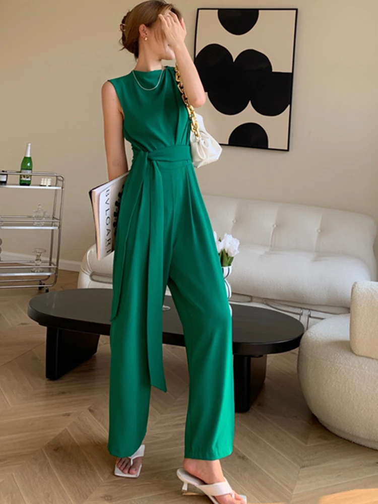 

Summer Women Casual Lace Up Jumpsuits New Female Fashion Elegant Office Lady Long Rompers