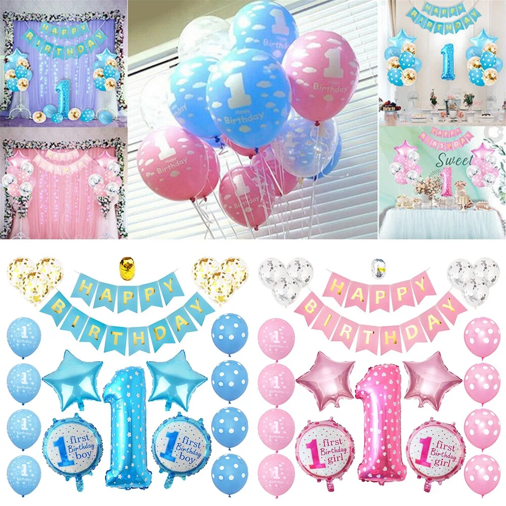 

33pcs new baby one-year-old balloon Boy/Girl birthday party decoration blue pink birthday party